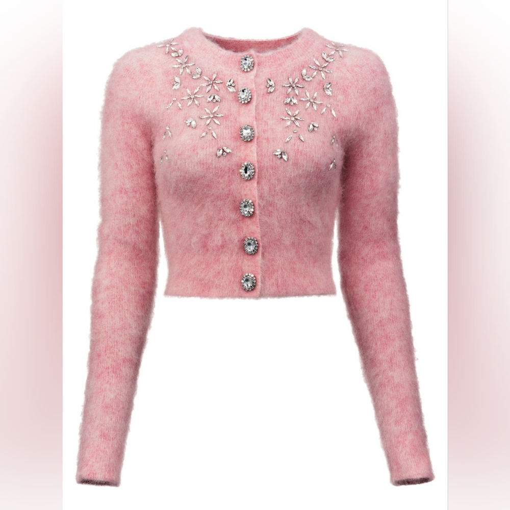 NWOT Paco Rabanne HM Collaboration Pink Crystal Mohair Blend Cardigan Size Large
